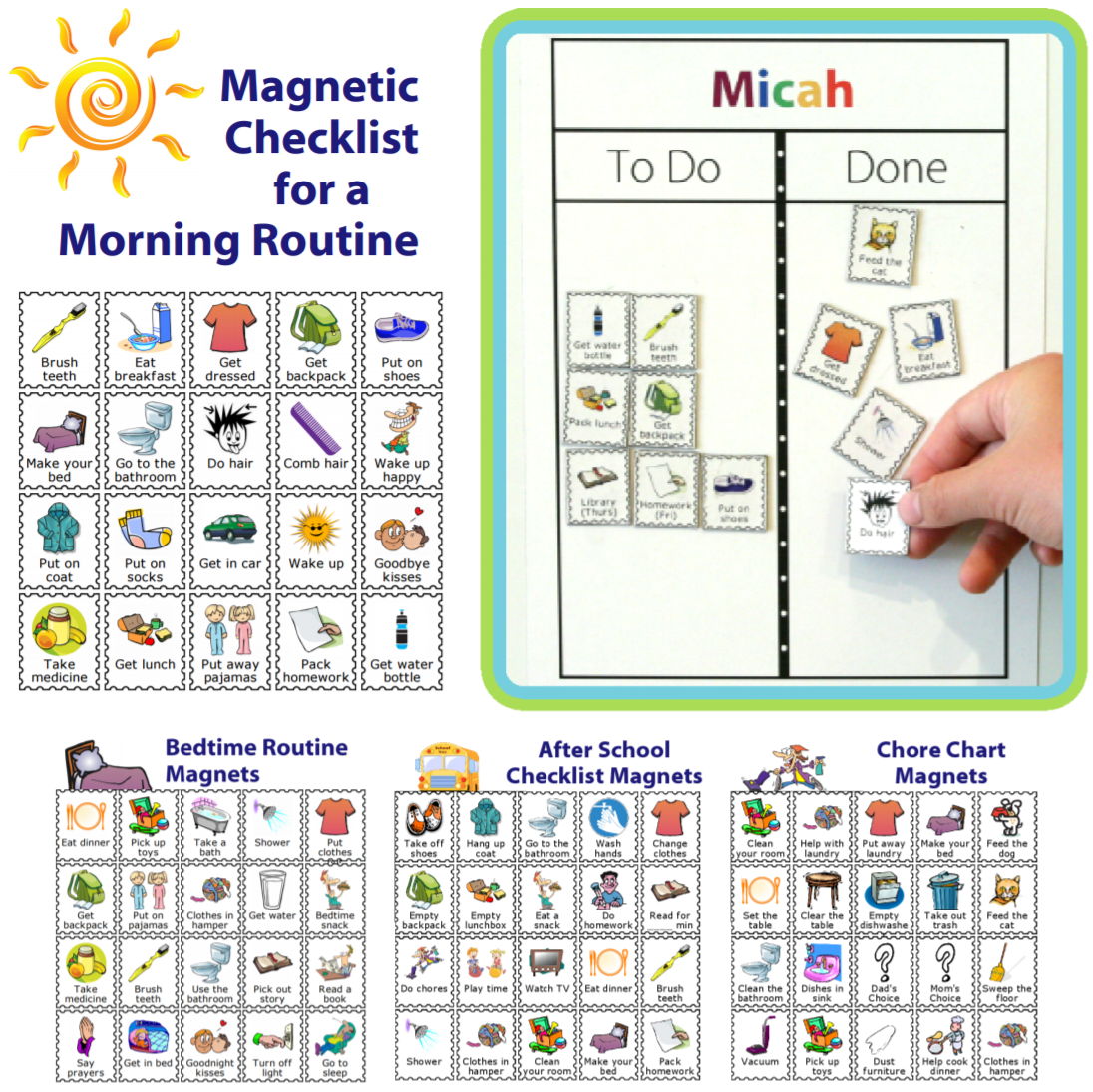 Perfect for setting up a morning routine, an after school checklist, a bedtime routine, or a chore chart. You can even easily print your own magnets!