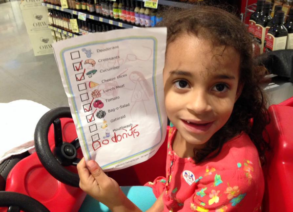 You can use The Trip Clip to make a picture grocery list for your kids - just watch out for them adding their own items to the list!