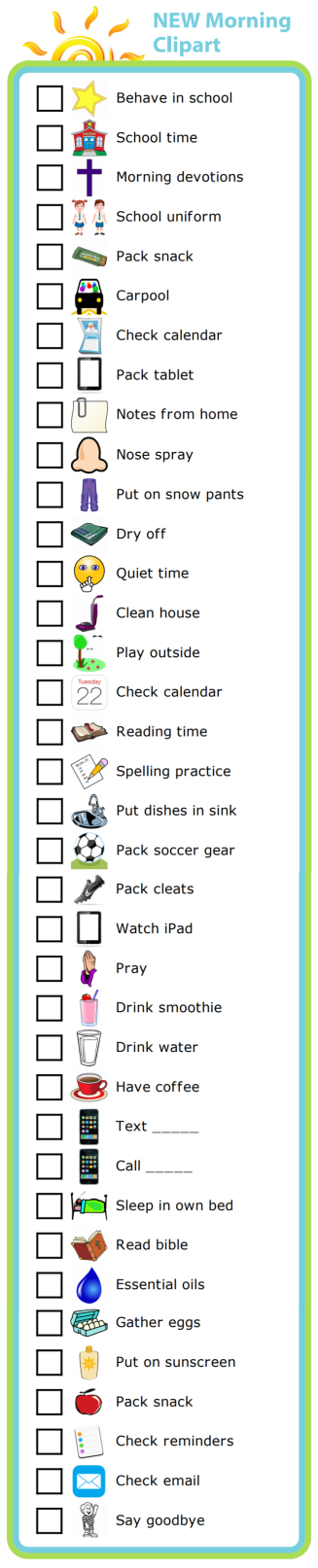 37 new images for the morning routine activity, including the much requested "sleep in your own bed"! Use them to create your own, custom morning routine checklist.