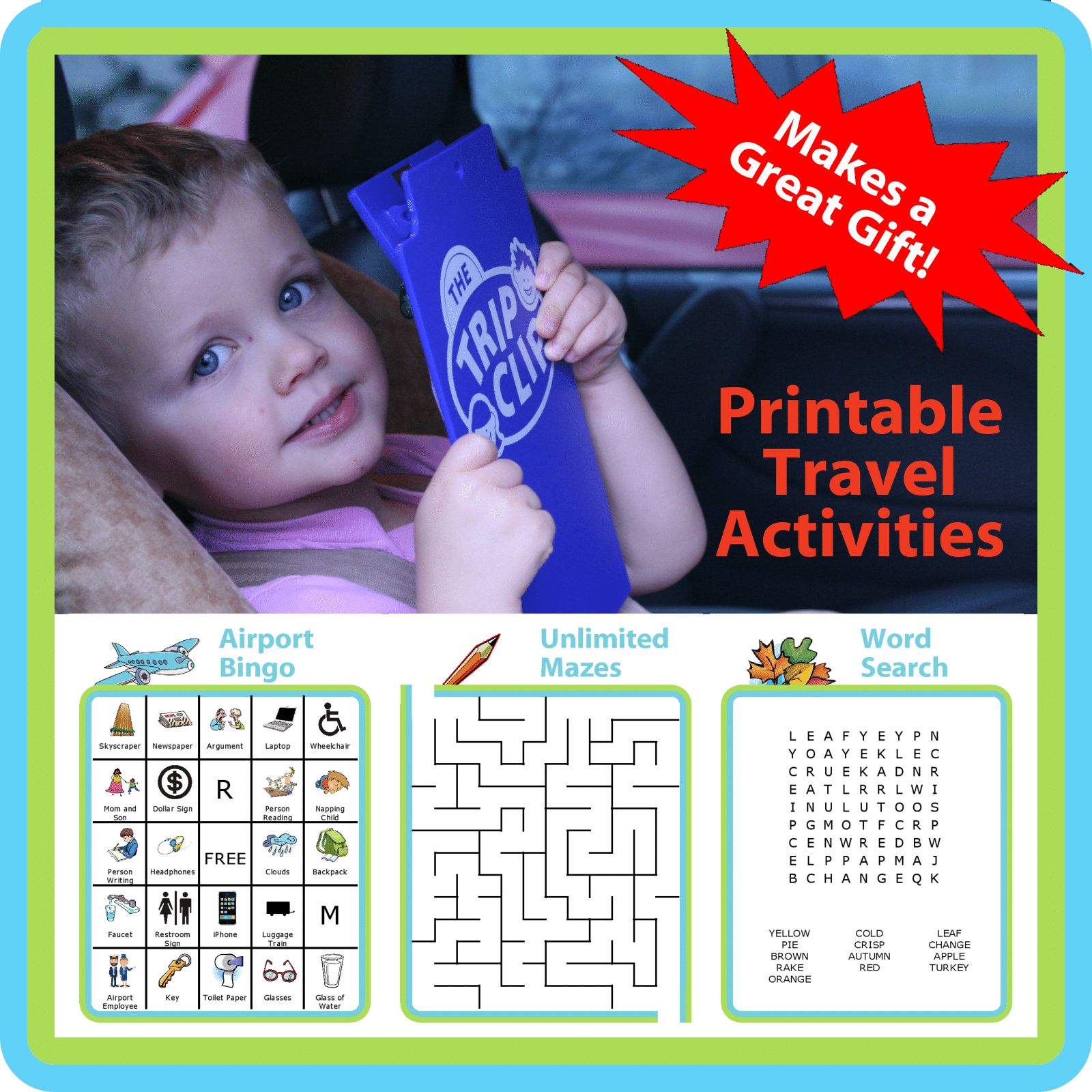 A kid-sized clipboard, attached pen, and unlimited printable travel activities make this a great gift idea for the holidays!