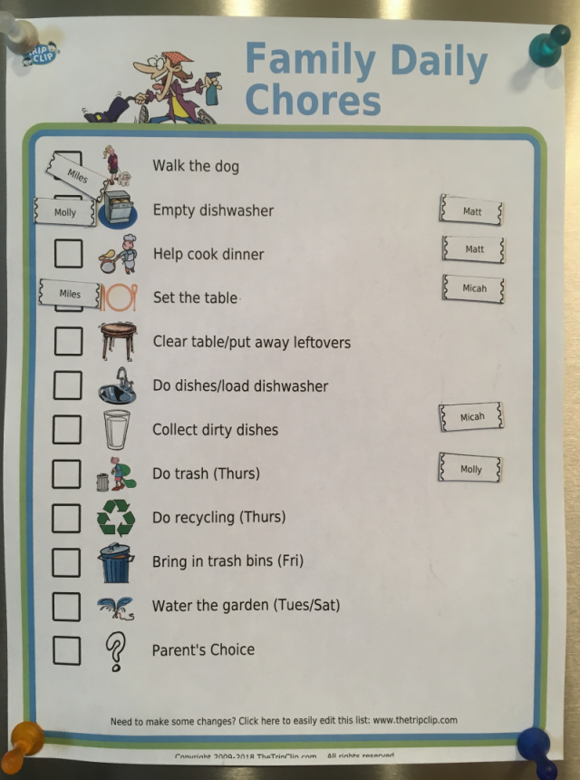 This summer, instead of assigning chores, we decided to give the kids some choice in the hopes that getting to pick their poison will make it go down a bit better. For this list, we included daily household chores only. Each family member then has 2 magnets with their name on it they can use to "claim" 2 chores every day. If we all do 2, we will complete the list every day. Hopefully this will help us all share the work while learning/trying some new jobs!