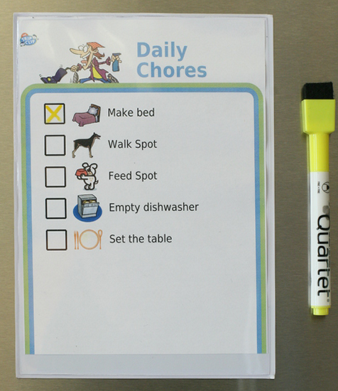 Combine a picture checklist from The Trip Clip with a plastic sleeve and a dry erase marker, and you can quickly set up a morning routine, bedtime routine, after school chart, chore chart, or any list you need.